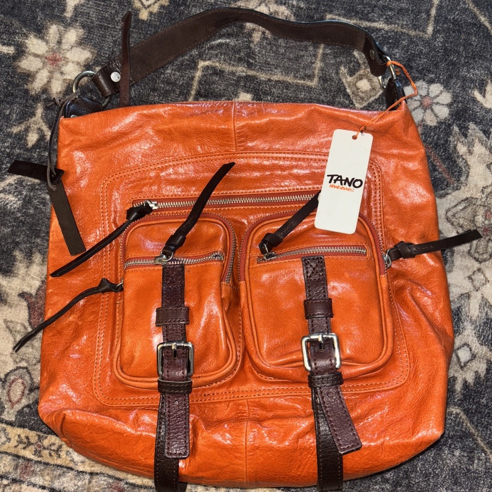 Authentic Italy TANO Tangerine & Brown Leather Hob Bag Lined Pockets Purse